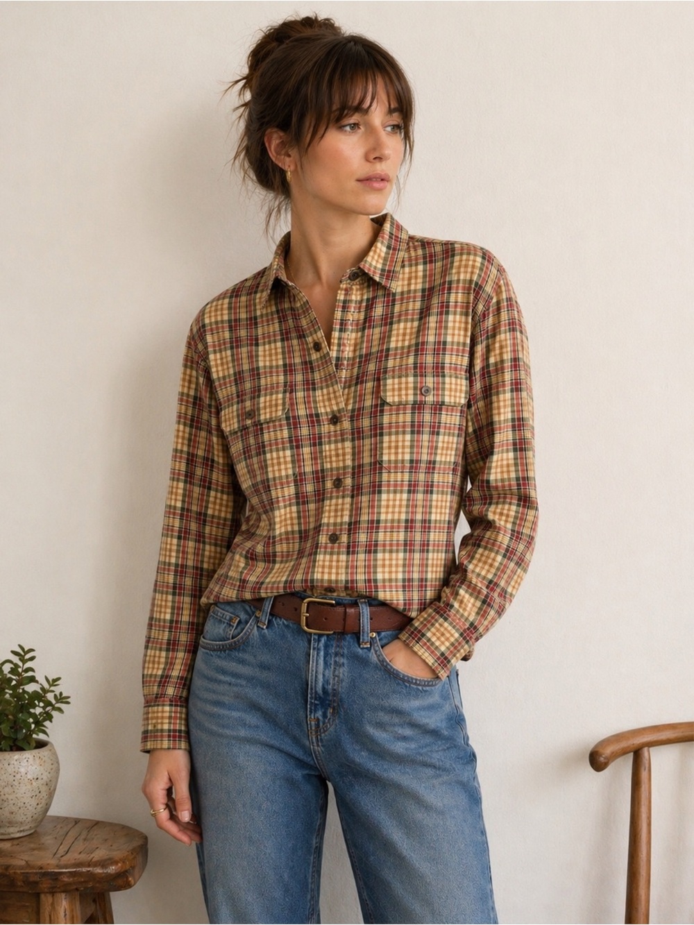Lauren Ralph Lauren Plaid Snap Shirt Cotton Vintage Size Medium Tan Red